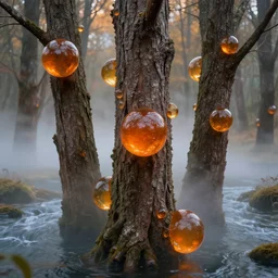 hyper reaslitic tree trunks closeup, iridescent, orange glass spheres, mist, floating rivers, nighshot, unrealengine, HD