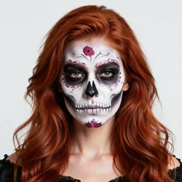 portrait of an attractive redhead female wearing skull makeup by jeremy mann, detailed, 4 k