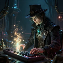 sci fi cyberpunk fantasy art prompt magician studying casting spells with keyboard, by greg rutkowski ultrahd dark volumetric lighting hyper detailed unreal engine octane render