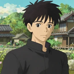 beautiful anime guy with black hair, wearing black clothes, fine details portrait, japense village in background, bokeh. anime masterpiece by Studio Ghibli. illustration, sharp high-quality anime illustration in style of Ghibli, Ilya Kuvshinov, Artgerm