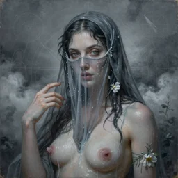 hyper realistic portrait painting of the goddess babalon wearing a face veil ( glistening, vixen, alluring, carnal ) wet, milk dripping, flowers, clouds, nature, by saturno butto, boris vallejo, austin osman spare and david kassan, by bussiere. occult art, occult diagram, grey, sensual color scheme