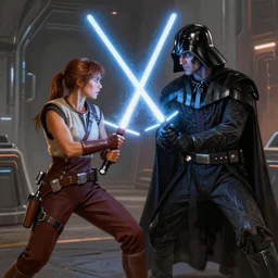 Detailed concept art scene, Jaina Solo and Darth Caedus from the Star Wars Expanded Universe having an epic lightsaber duel, scifi, highly detailed portrait, digital painting, artstation, concept art, smooth, sharp foccus ilustration, Artstation HQ