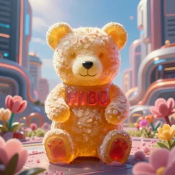 portrait of haribo bear in future city, color and shape focus, central composition, natural light, bloom, puff, by simon stalenhag a