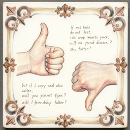 Thumbs up; Thumbs down. Do you share your prompts around? If you take, I do not fret, but if I copy and also alter, will you regret, will our friendship falter? colored-pencil drawing as a fancy square tile