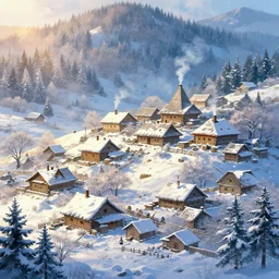 Beautiful detailed high quality illustration of an old Slavic village on top of the hill, beautiful forest on background, some smoke coming from the chimneys of the houses::vibrant winter, romantic mood, morning sunlight::art by Ghibli Studio, League of Legends, Arcane, Wild Rift, trending on artstation