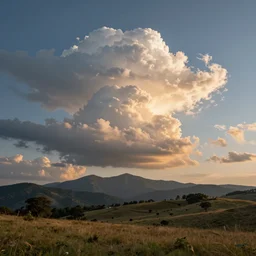 sunlit cumulonimbus clouds approach over background mountains towards a hilly, grassy field with sparse trees at sunset, very detailed, style of gediminas pranckevicius