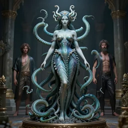photo of the beautiful gorgon medusa standing on dais by hiroko sakai and kago shintaro and gerald brom and horley alex, ultrarealistic, photorealistic, 8 k render, octane render, unreal render