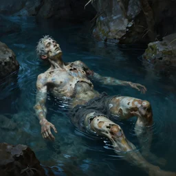 half petrified human in an underground river, dark, blue lighting, dramatic angle, detailed painting, 8k
