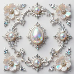 baroque filigree designs, pearly and iridescent and translucent, pastel rainbow refraction and reflection, surrounded by flowers and leaves, crystals, by artgerm, by sakimichan, by nixeu, by ruan jia, by conrad roset,