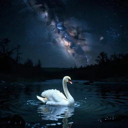 dark eerie movie frame, greek fantasy panorama, a shining swan in the magic shining river styx, milky way at night, otherworldly, stanley kubrick, 1 7 mm, wide shot, surreal, deep, detailed 4 k