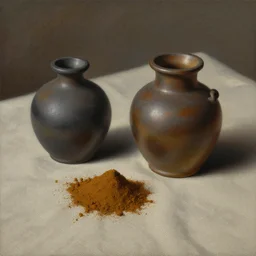 a painting of pots on a beautiful fabric containing tobacco snuff powder, matte painting, by christophe vacher