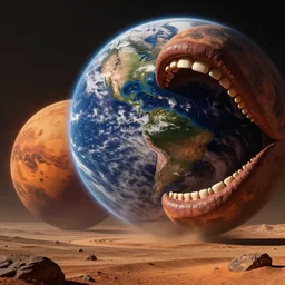 planet earth with a giant mouth next to mars, sci fi, artstation, detailed