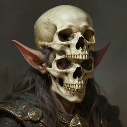 a mind - blowing portrait of a goblin chieftain, wearing a human skull as a hat, deep focus, d & d, fantasy, intricate, elegant, highly detailed, digital painting, artstation, concept art, matte, sharp, illustration, hearthstone, art by artgerm and greg rutkowski and alphonse mucha