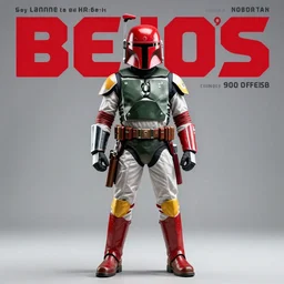 boba fett in red, helmet, boots, 9 0's. studio photo. magazine cover with text.