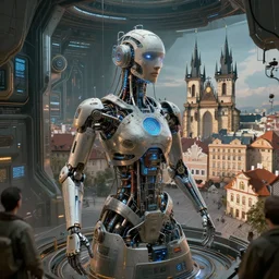 human experiment with machine high tech cyberpunk, prague city, elaborate detailed classic sci - fi design, cinematic lights