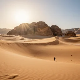 landscape photo of an endless desert, huge sand dunes size of mountains old sand stone ruins, beaming sun, beautiful sky, 5 0 mm, nikon z 9, tripod, award winning