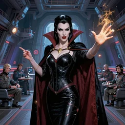 vampire queen commanding the bridge of a vampire themed battleship, the bridge crew at their stations, comic book cover art, detailed