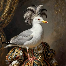 the royal king's gull with weird hair by greg hildebrant fancy rococo baroque regal oil painting high quality award winning clothed in fancy garb