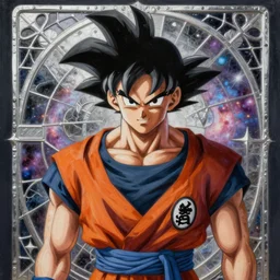 breathtaking detailed painting of goku in the syle of ayami kojima, ruan jia and brom, in a soft nebulae sky with silver stained glass, 8 k, concept art, matte, sharp focus, rembrandt style