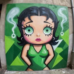 ariana grande x betty boop painting, matte paint, street art, by sachin teng : 5 marijuana, dope, smoke, hard edges, green, geometric shapes, fisheye lens, sexy, by sachin teng : 6