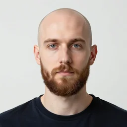 5 0 year old bald jewish man with a light brown beard and black - framed glasses wearing a black t - shirt, sitting with a pug