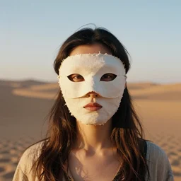 a portrait photography of a woman wearing a mask made of paper and linen, in a desert, golden hour, cinematic, Kodak Portra 800 film
