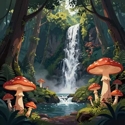 psychedelic mushrooms, enchanted forest, waterfall, wide angle shot, vector art, illustration by brom