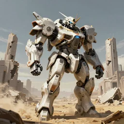 Armored Core concept art, concept art, partially destroyed structures, 8k, sand, mecha, weapons, masterpiece