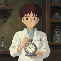 studio ghibli dull colors interior simple portrait cartoon from close encounters of the third kind 1 9 7 7 of a young skinny grey pocketwatch scientist inside