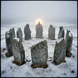 a fish - eye photograph of neolithic standing stones, a group of hooded figures, backlit, by sarah moon and joel peter witkin, 1 8 0 0 s vintage, drone photography, grainy, snow, highly detailed, gloomy and foggy atmosphere, octane render, bleach bypass, cinematic lighting, photographic emulsion cracked and peeling, tri - x, 8 k, hd