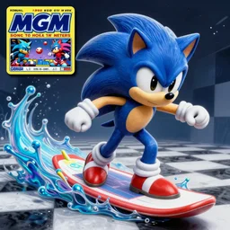 sonic the hedgehog in a surreal, sharp, detailed professional, high quality airbrush art MGMT album cover of a liquid dissolving LSD DMT blue sonic the hedgehog surfing through cyberspace, checkerboard background, 1990s 1992 Sega Genesis video game album cover