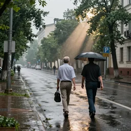 realistic photograph of walking around clean street, volumetric lighting, rain, god's ray, soviet, summer, dark overcast weather, high detailed, by beeple and fvckrender and visualdon, trending on cgsociety - 7 6 8