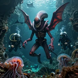 xenomorph greeting ocean divers emerging from the walls of a sunken tunnel rotting, helmet, beksinski, bruehgel, only red, great winged demon, manta rays, detailed background, photograph, masterpiece, alien bifurcated hydromedusa gel shell, otomo, nihei