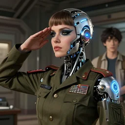 heavy makeup. cybertronic mechanoid led lit fembot. analysis. highly detailed portrait of a beautiful saluting soldier. screenshot from hbo's westworld ( 2 0 1 6 ), norman rockwell, stephen bliss, 8 k, art by greg rutkowski, makoto shinkai, global radiant illumination, detailed and intricate environment