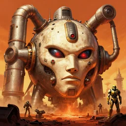 a giant robot god face that is a bulbous biomechanical gieger mri machine millennium falcon space-station Vuutun Palaa with massive piping inspired by a nuclear reactor submarine and maschinen krieger, ilm, beeple, star citizen halo, mass effect, starship troopers, elysium, iron smelting pits, high tech industrial, warm saturated colours
