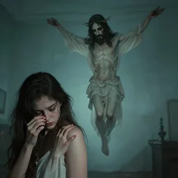 creepy jesus christ hovering over a young woman rubbing her shoulder and sniffing her hair.