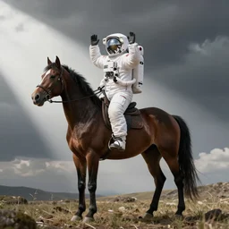 the horse sat on top of the astronaut's back, and yells