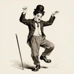 Charlie Chaplin dancing, black hair, with hat and cane, moustache, 1920s vibes, sepia sketch