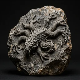 high resolution photo of a complex rock creature, dramatic lighting, black background