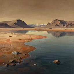 a digital painting of water on mars, by simon stalenhag, sci - fi of iceland landscape, light and shadow, overlaid with aizome patterns, shin - hanga by thomas kinkade and bob ross, traditional japanese colors, superior quality, masterpiece, featured, trending, award winning, hdr, hd, uhd, 4 k, 8 k, anamorphic widescreen