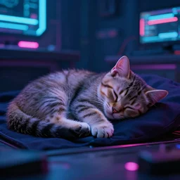 little cat sleeping in a cyberpunk world, hyper realistic, realistic, neon
