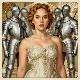 engraving full figure portrait of natalie portman and scarlet johansson, with robots guards, in medieval armoury, painted by alphonse mucha, albrecht durer, jean delville, alphonse mucha, jan van eyck, da vinci