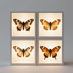 composition of 4 square boxes with different moths species, diorama, front view, led lamps, macro photo, canon camera, leans 3 5 mm f 2. 8, 8 k