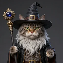A wizard cat, wizard hat, bearded, cat shaped staff, highly detailed, sharp focus, art by Artgerm and Greg Rutkowski and WLOP