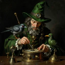 a baroque close - up portrait painting of a dark green whimsical steampunk wizard with a bird, working on a time machine. black background. negative light. highly detailed science fiction painting by norman rockwell, moebius, frank frazetta, and syd mead. high contrast. renaissance masterpiece. artstation