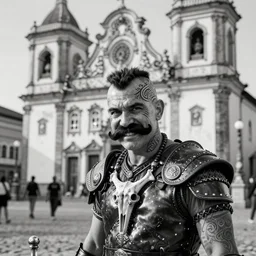 a cinematic view of wide bw photo from a very ornated old brazilian renato aragao didi viking, shaved haircut, mexican mustache, showing celtic tattoos in the head, using leather armour with necklace of bones, naughty expression, photorealistic, volummetric light, depth of field, detailed, texturized, zeiss lens high professional mode