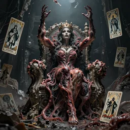 [ woman in a crown and dismal [ supervillain outfit made of flesh ]! ]! ascending [ her hands upward ]! on a detailed ruined throne trending on artstation 4 k quality cgsociety contest winner artstation hd artstation concept art behance tarot card gloomy grim dismal intricate minutia details uhd wide - screen by artgerm rutkowski wikelmann
