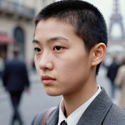 ektachrome, 3 5 mm, highly detailed : incredibly realistic, youthful asian demure, perfect features, petite buzz cut, beautiful three point perspective extreme closeup 3 / 4 portrait photo in style of chiaroscuro style 1 9 7 0 s frontiers in flight suit cosplay paris street photography vogue fashion edition