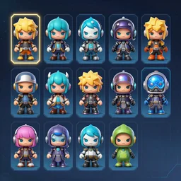 mmorpg character select screen, neo-chibi characters with cyberpunk aesthetic