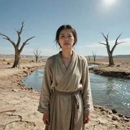 medium shot of a nondescript crying ancient dried up Danu, peaceful, facing the camera and standing in front of a dried up river in a desolate land, dead trees, blue sky, hot and sunny with light rain but no clouds, highly-detailed, elegant, dramatic lighting, artstation, 4k, cinematic landscape, photograph by Elisabeth Gadd